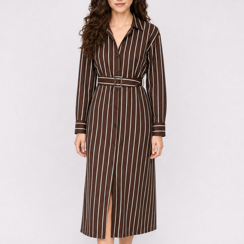 Striped Belted Button Front Long Sleeve Midi Shirt Dress