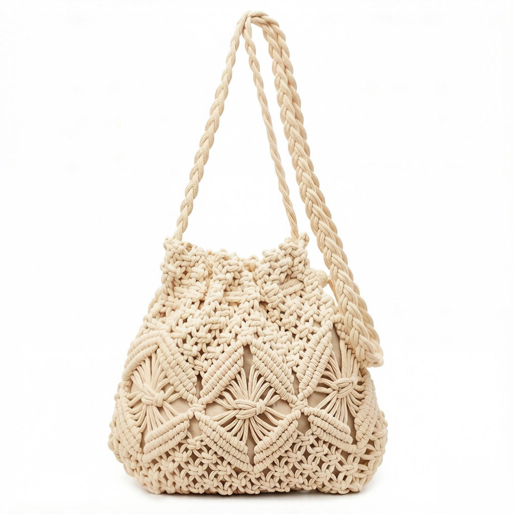 Macrame Bucket Bag Knotted Rope Handbag Drawstring Shoulder Bag Textured Woven Crossbody Style Lightweight Boho Purse