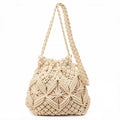 Macrame Bucket Bag Knotted Rope Handbag Drawstring Shoulder Bag Textured Woven Crossbody Style Lightweight Boho Purse