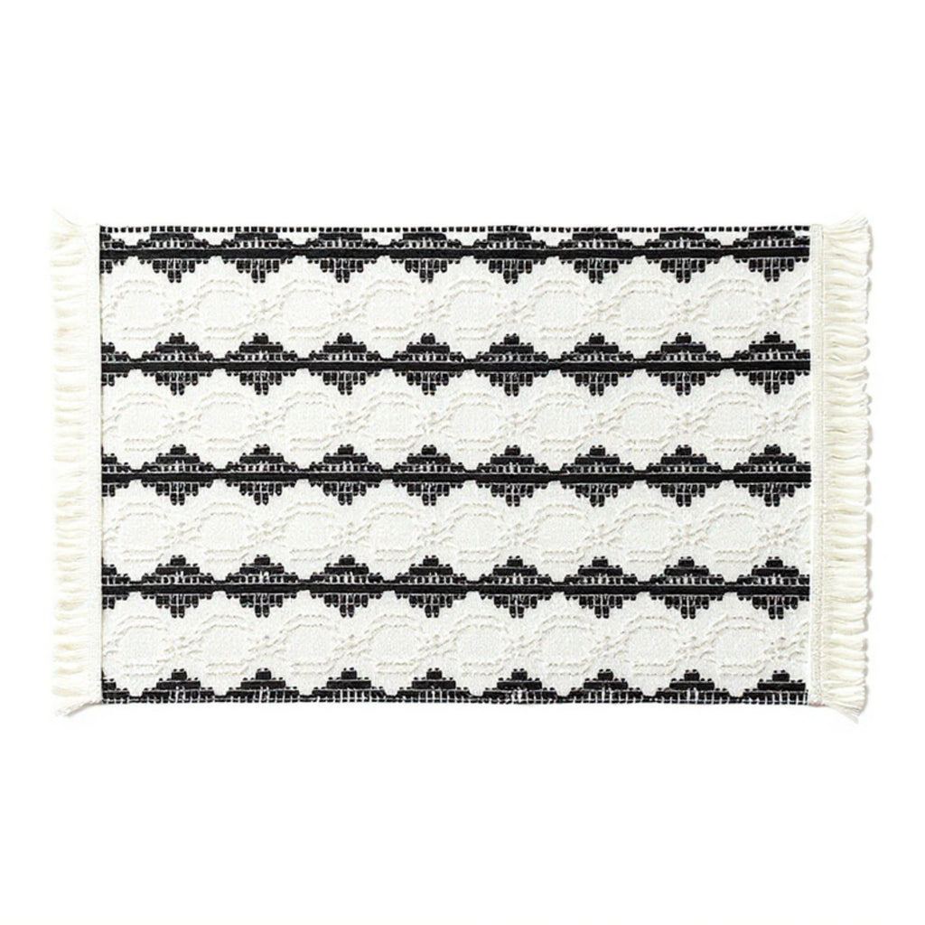 4 Set Woven Rectangular Placemats with Black Geometric Pattern and Fringe Edges 13x19.5 in