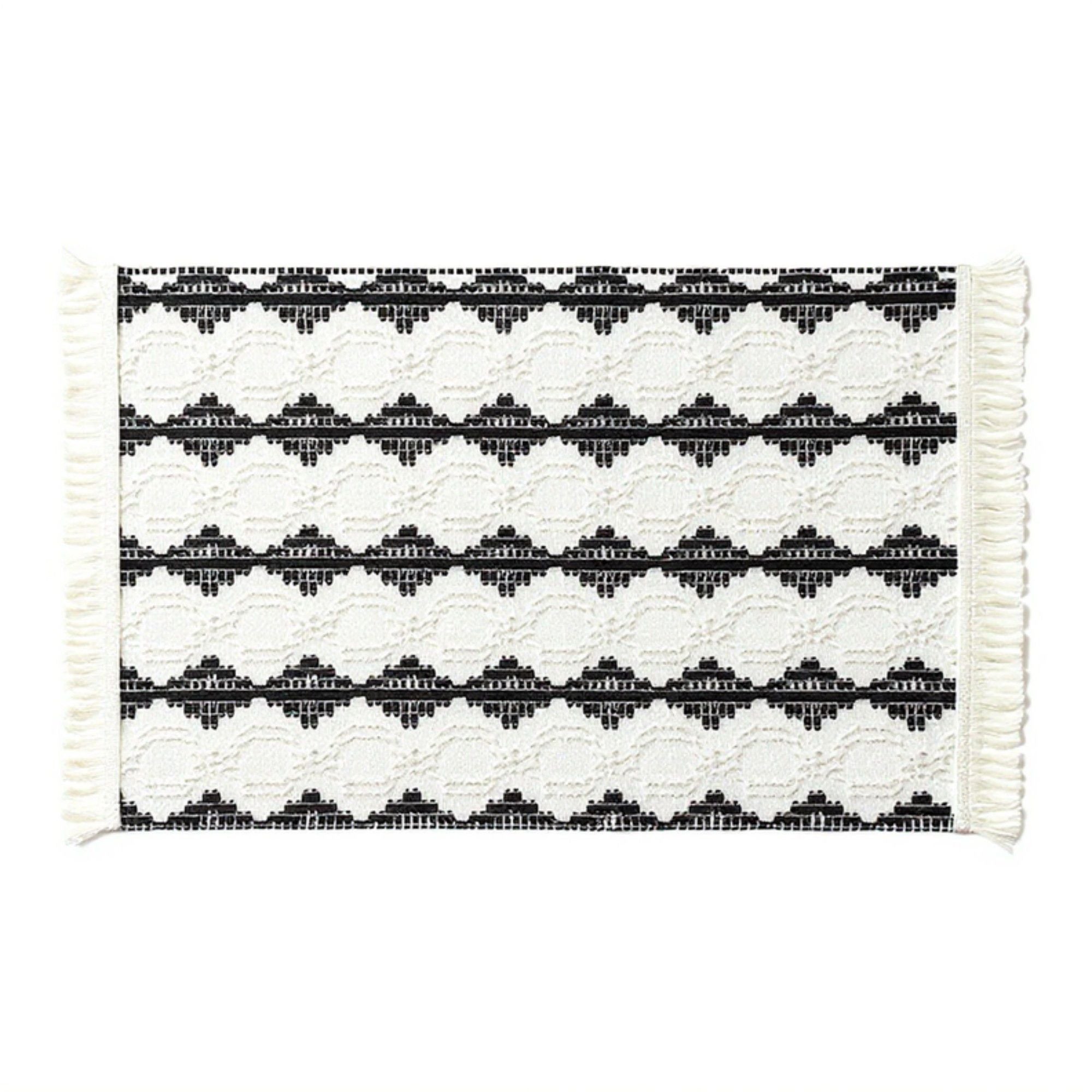 4 Set Woven Rectangular Placemats with Black Geometric Pattern and Fringe Edges 13x19.5 in