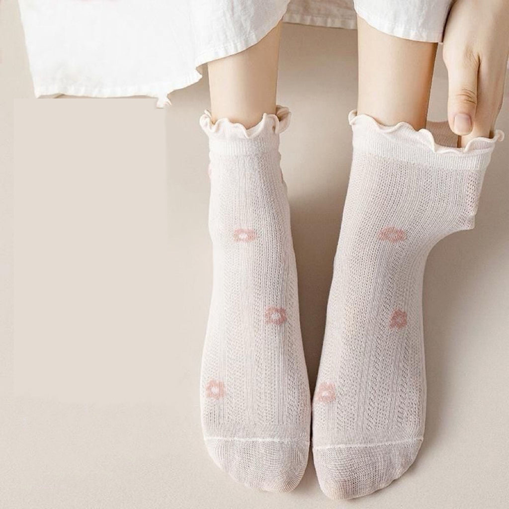 Anna-Kaci Women's 5-Pair Set Ruffle Ankle Socks with Floral Embroidery and Breathable Knit Design for Flats or Mary Janes