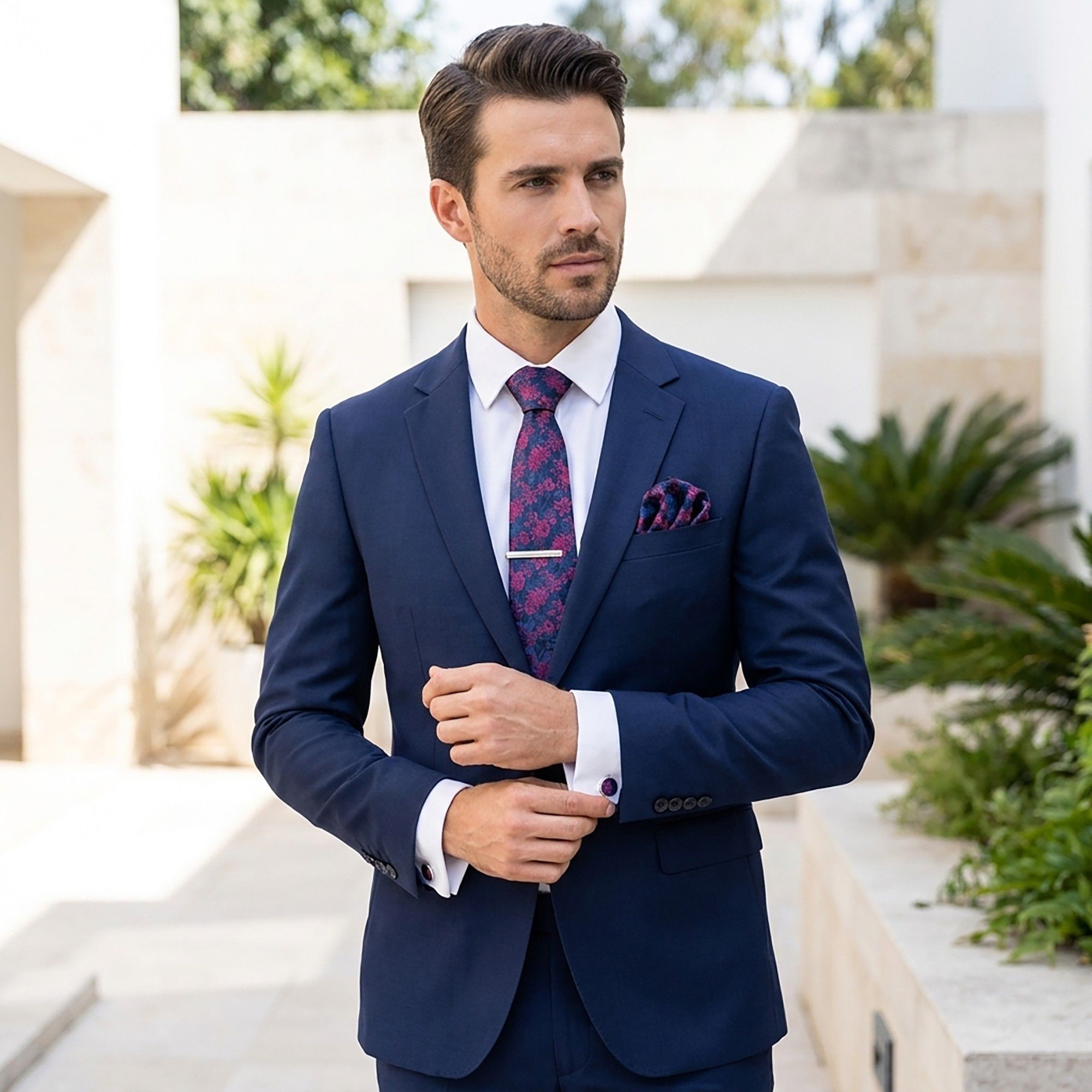 Men's Rose Floral Tie Gift Set with Matching Pocket Square Cufflinks and Silver Tie Clip