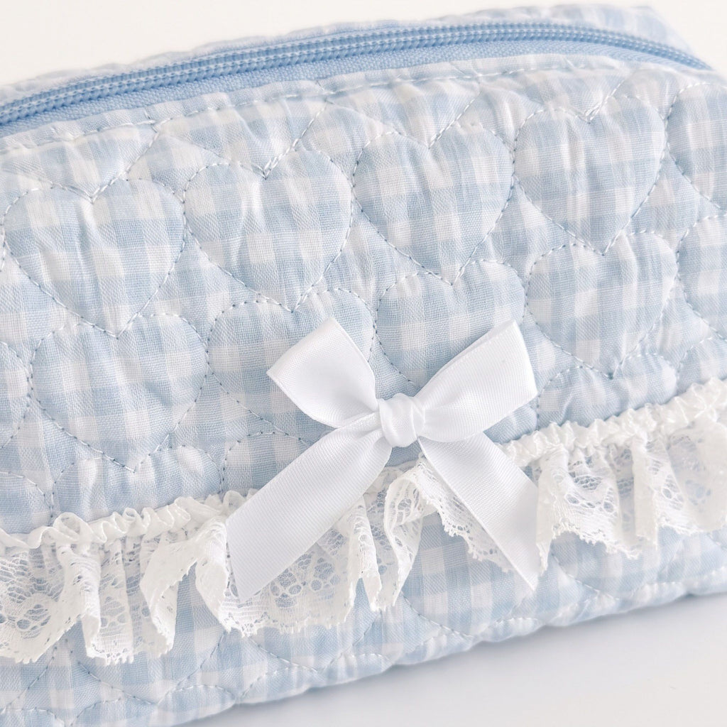 Womens Gingham Quilted Cosmetic Bag with Lace Bow Detail