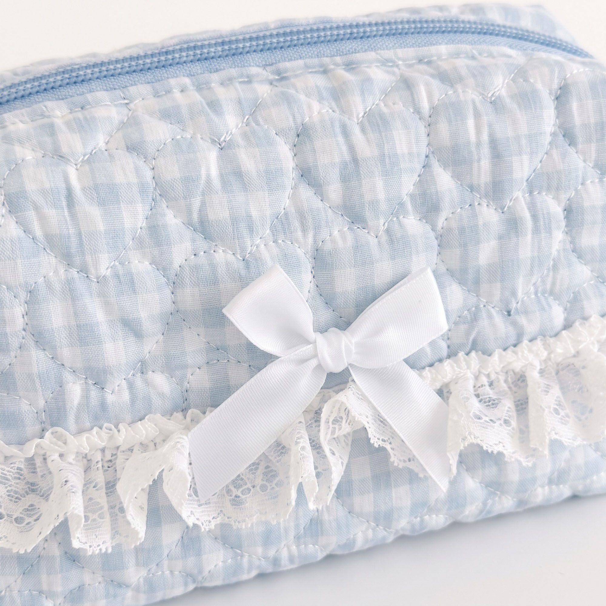 Womens Gingham Quilted Cosmetic Bag with Lace Bow Detail