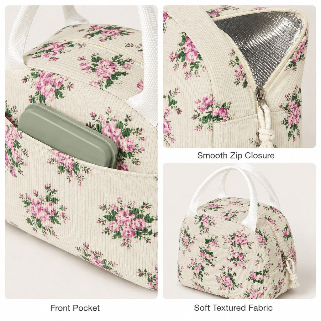 Printed Insulated Lunch Tote Bag with Double Handles and Zip Closure