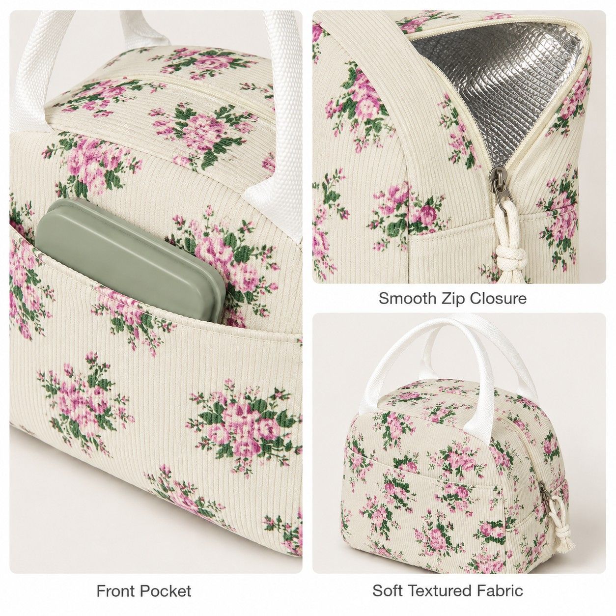 Printed Insulated Lunch Tote Bag with Double Handles and Zip Closure