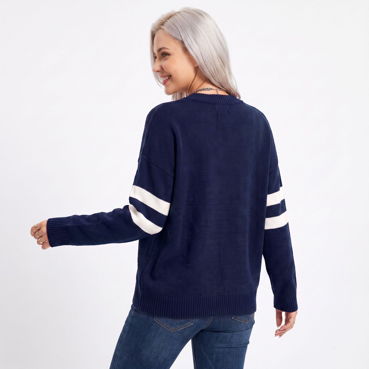 Star Graphic Striped Sleeve Crewneck Knit Sweater