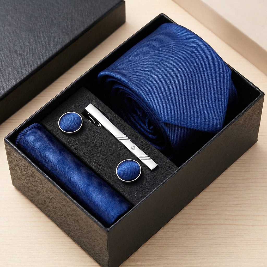 Men's Solid Textured Tie Gift Set Necktie Pocket Square Cufflinks Tie Clip Formal Accessory Set