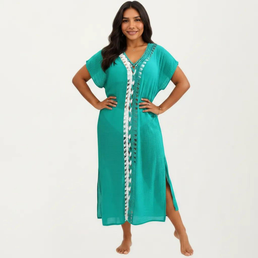 Anna-Kaci Women's Maxi Swim Cover Up Dress with Crochet Trim V Neck Short Sleeves Relaxed Lightweight Fit
