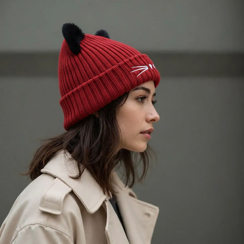 Anna-Kaci Women's Cat Ear Knit Beanie - Faux Fur Ears with Valentine Heart Whisker Embroidery for Cute Casual Winter Wear
