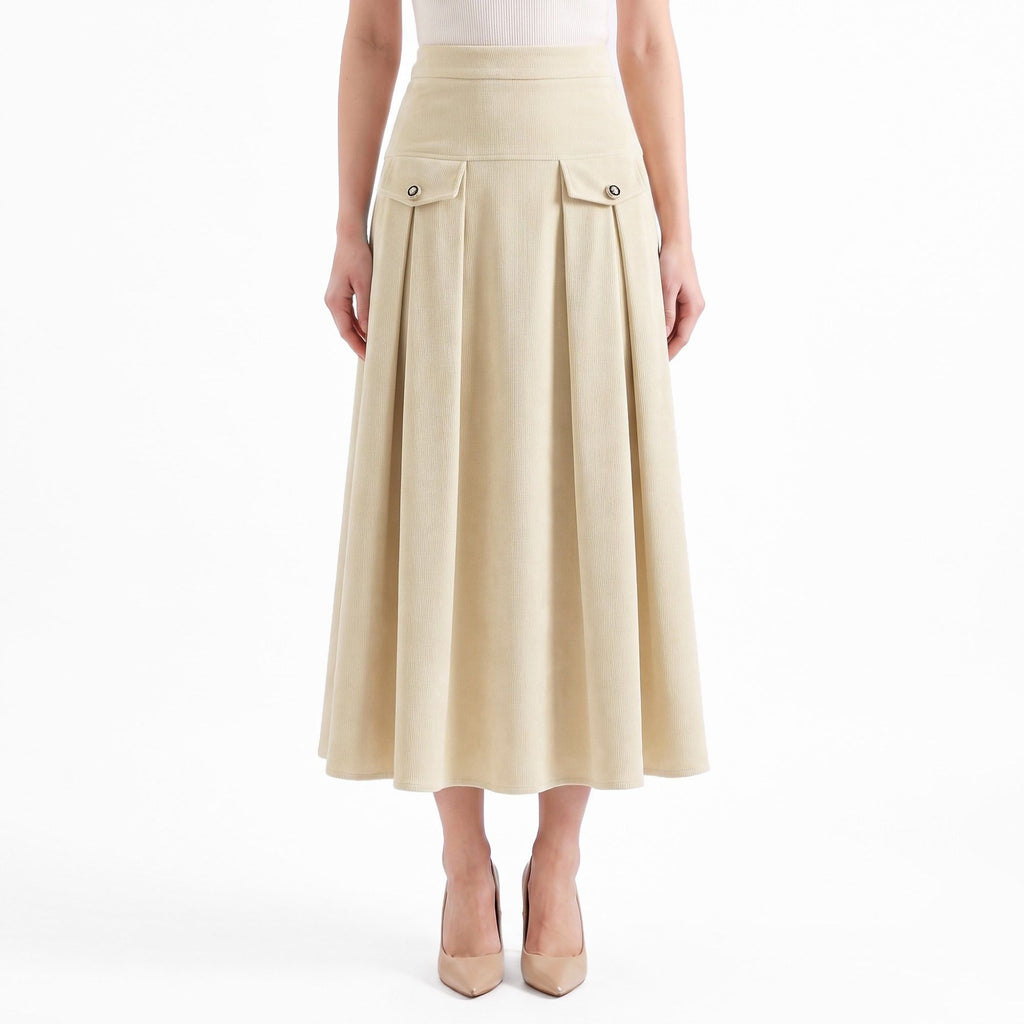 High Waist Pleated Midi Skirt A Line Flap Pocket Detail Textured Skirt