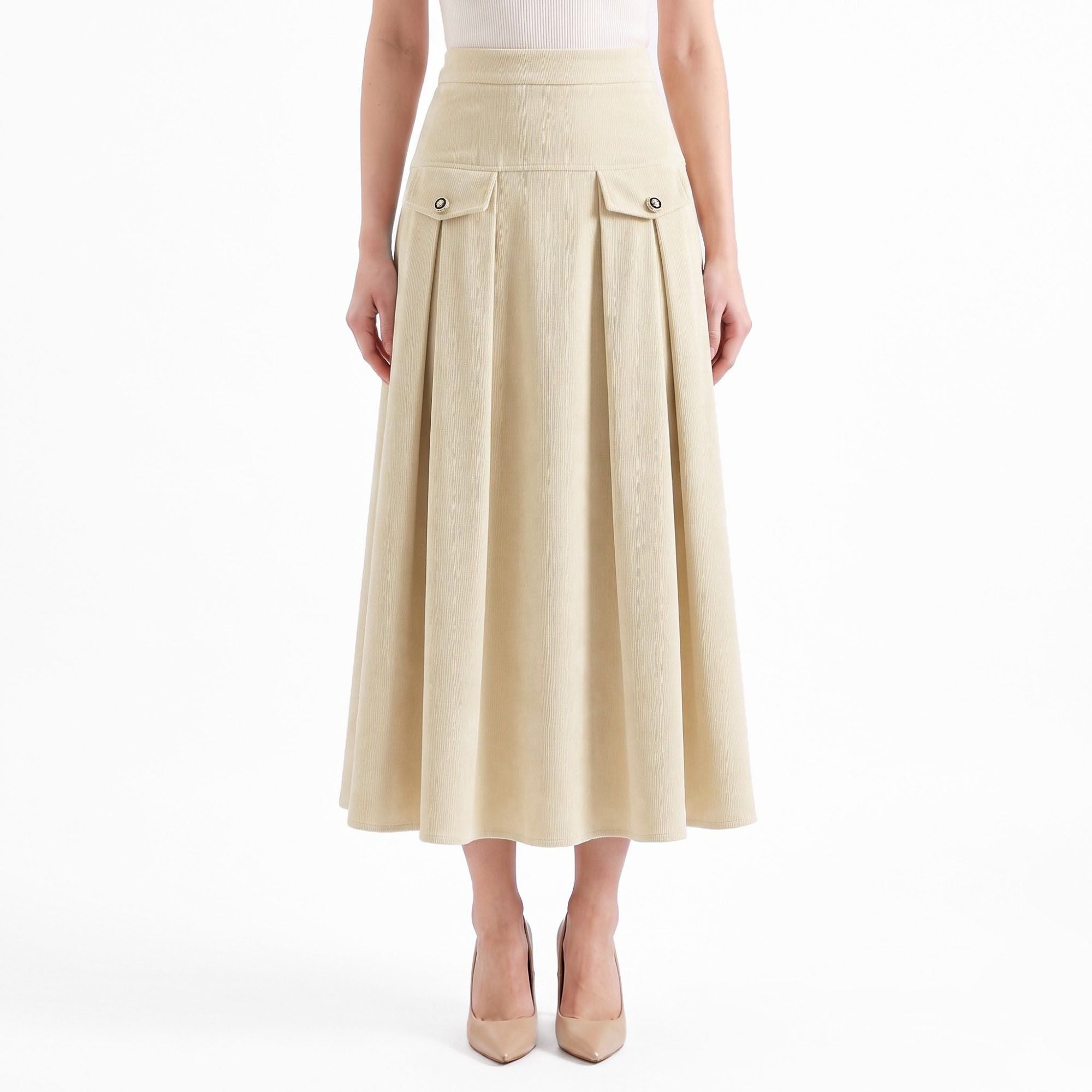 High Waist Pleated Midi Skirt A Line Flap Pocket Detail Textured Skirt
