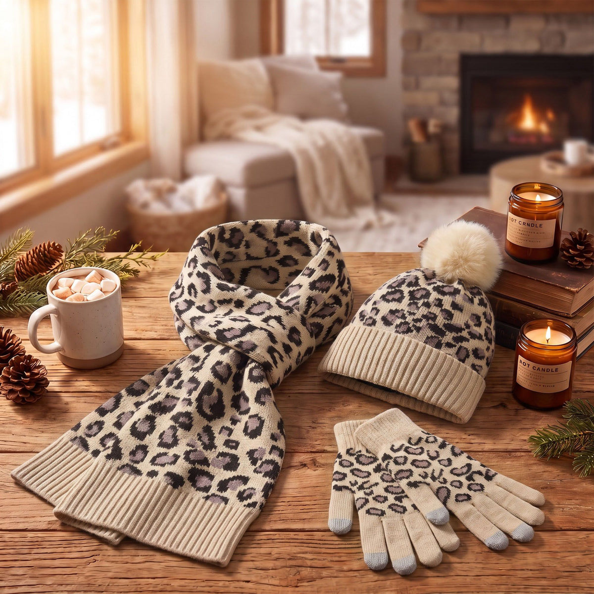 3 Piece Leopard Print Pom Beanie Scarf and Touchscreen Gloves Set