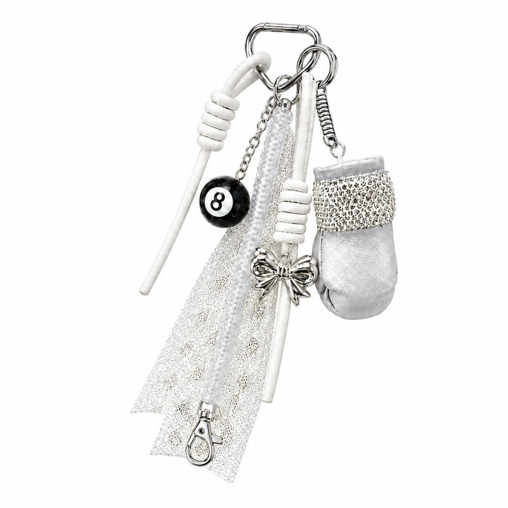 Boxing Glove Keychain Bag Charm with 8 Ball Accent Lace Ribbon and Clip