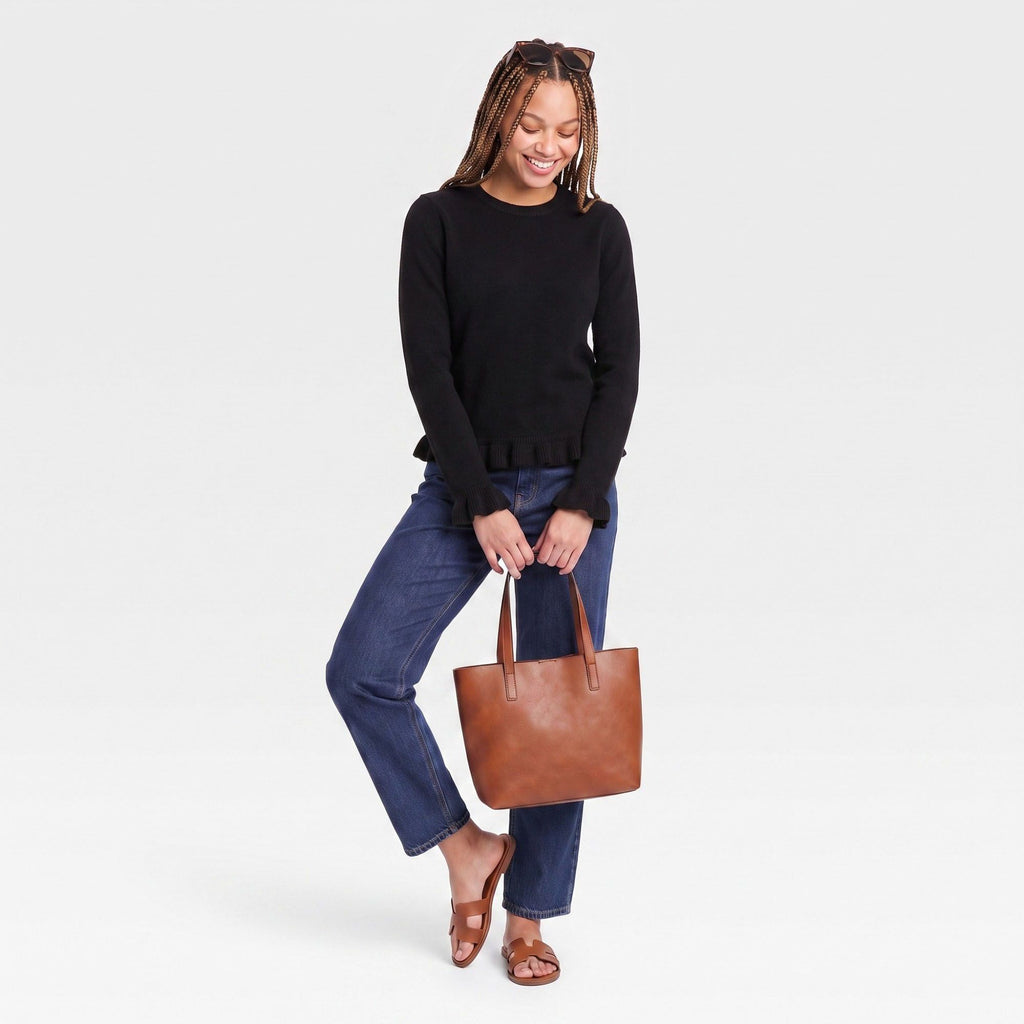 Ruffle Hem Crew Neck Long Sleeve Knit Sweater