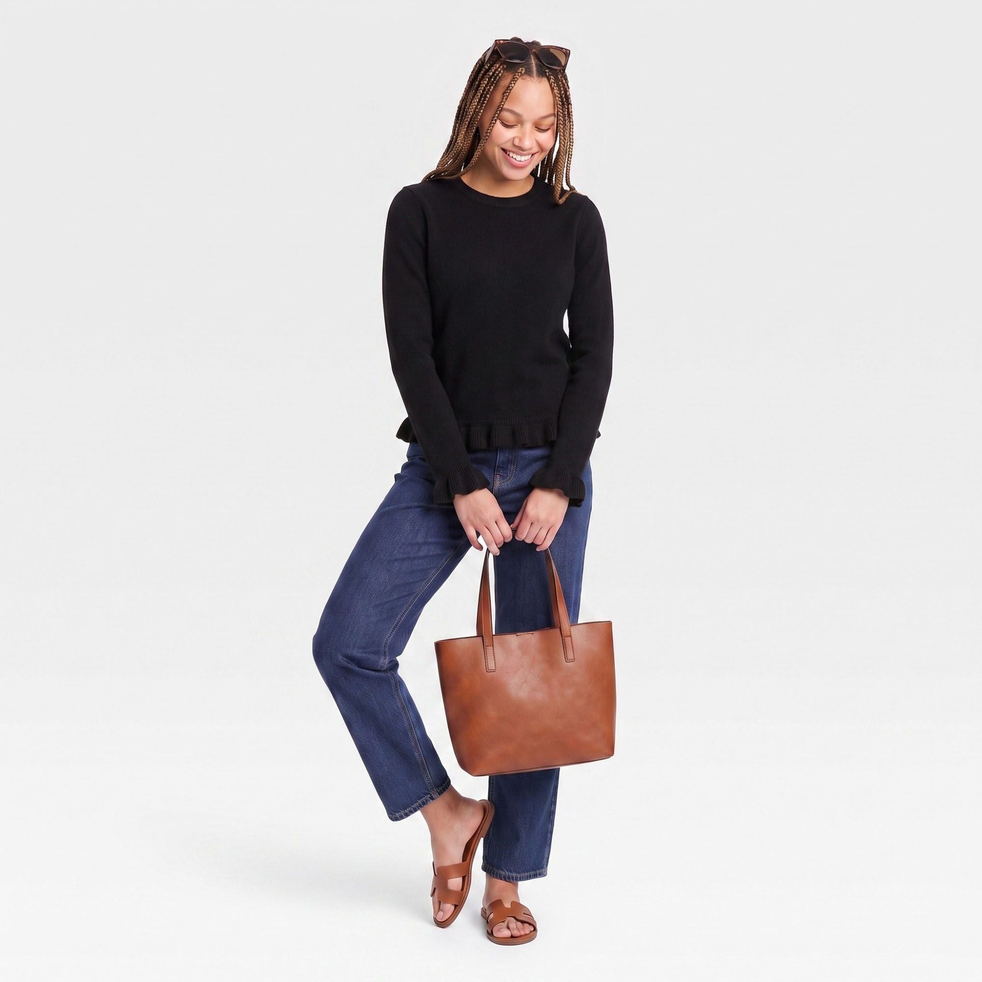 Ruffle Hem Crew Neck Long Sleeve Knit Sweater
