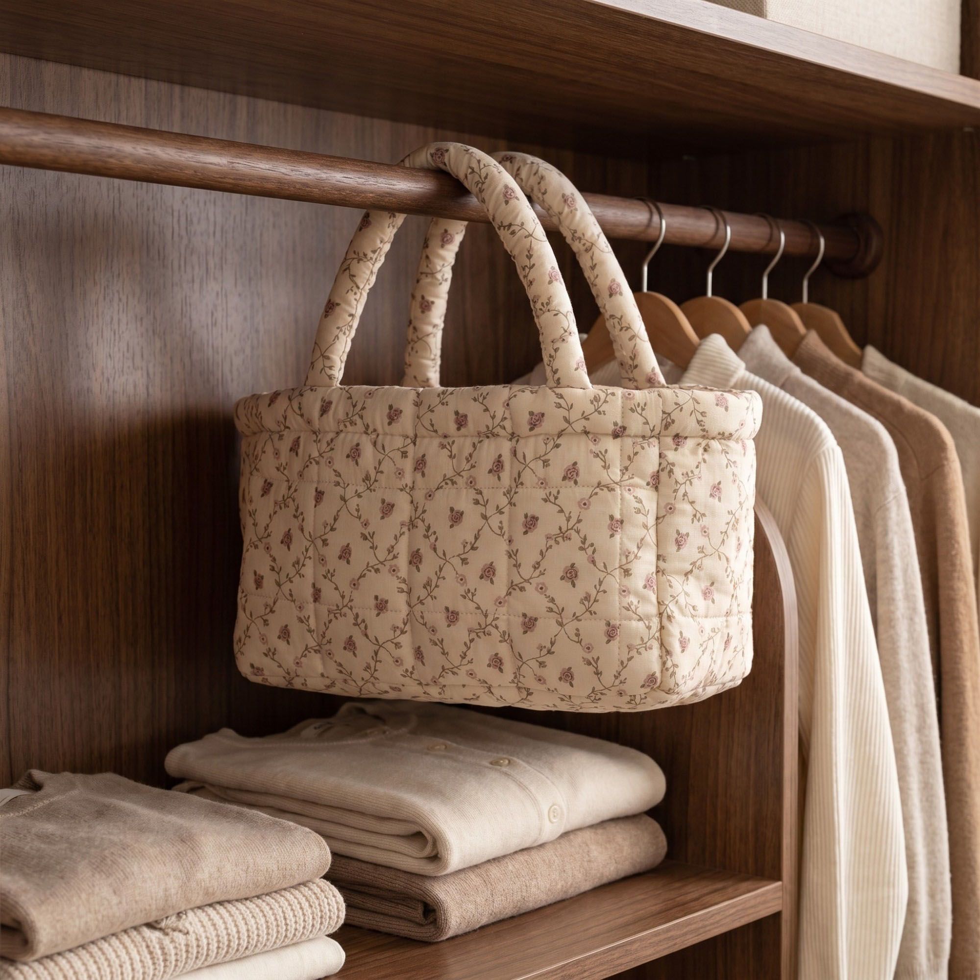 Quilted Floral Storage Basket with Handles for Home Organization