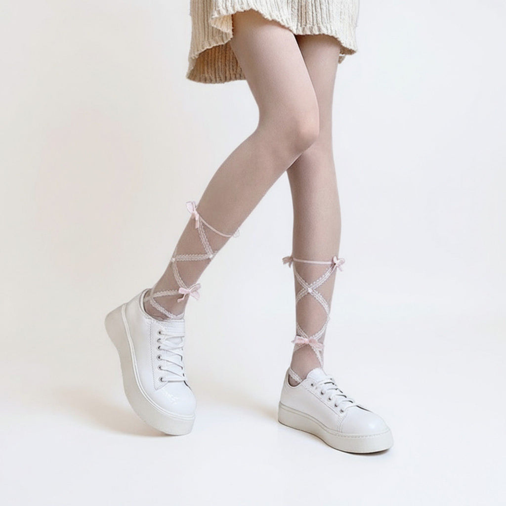 Anna-Kaci Women's Sheer Tights with Crisscross Lace Ribbon and Bow Detail at Ankles