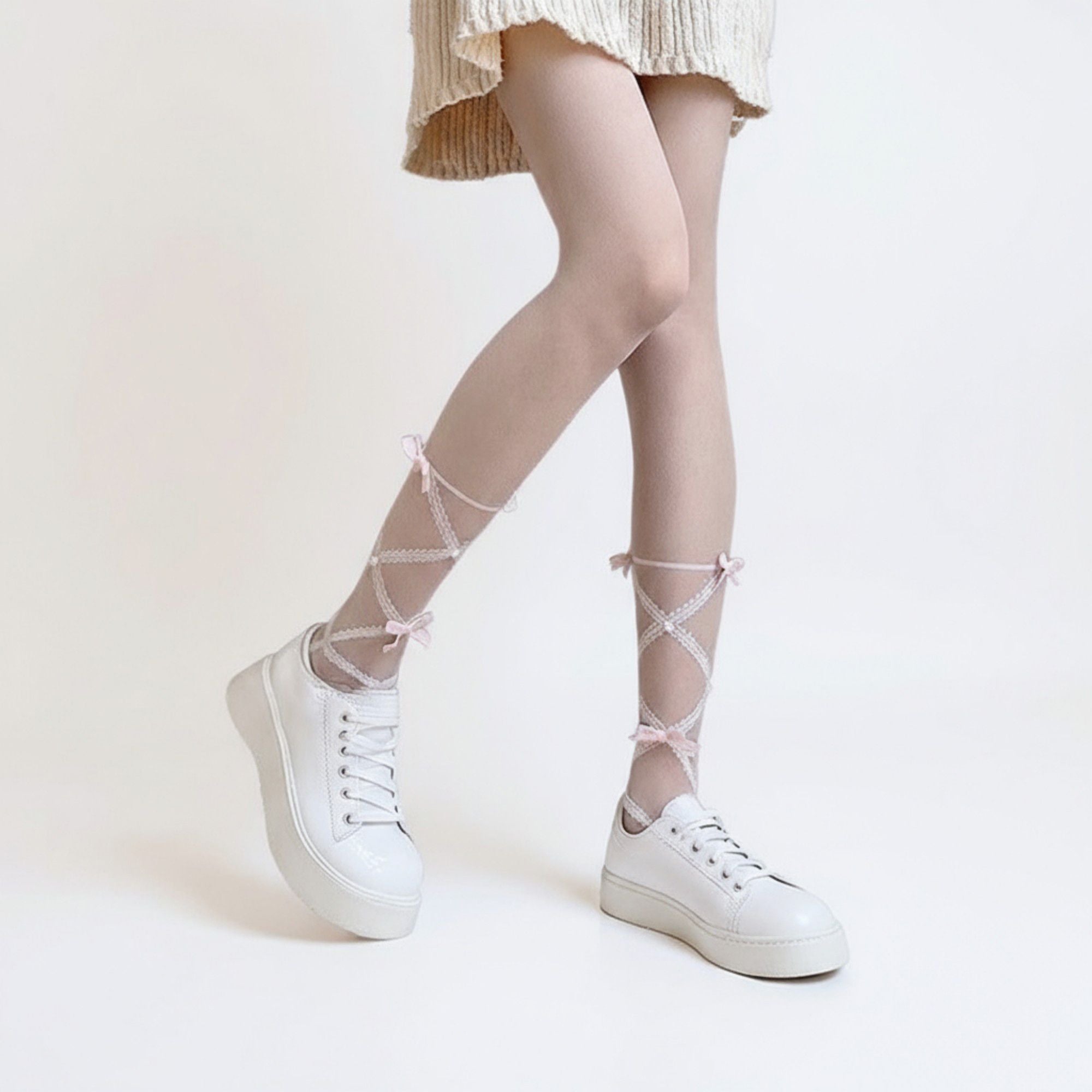 Anna-Kaci Women's Sheer Tights with Crisscross Lace Ribbon and Bow Detail at Ankles