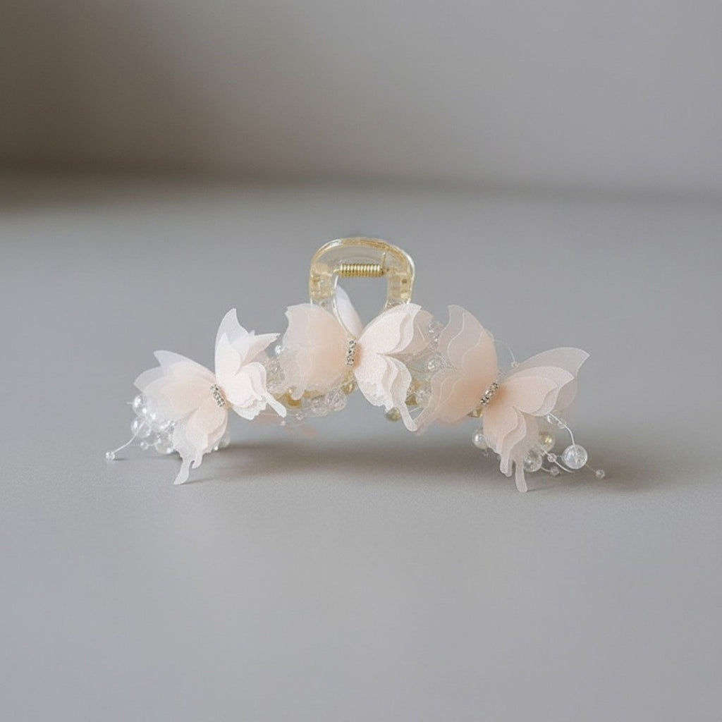 Beaded Flower Metal Hair Claw Clip with Curved Design and Textured Accents