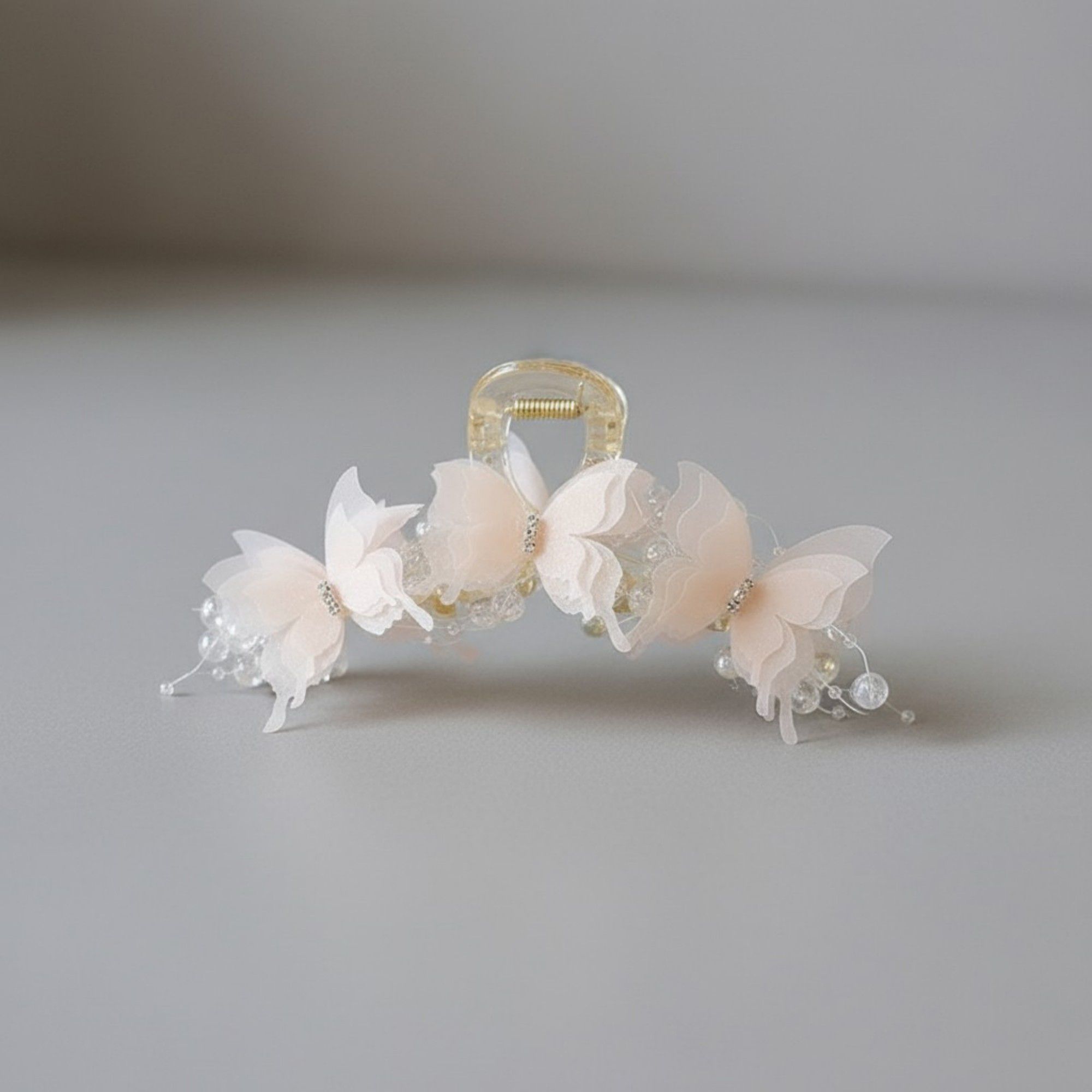 Beaded Flower Metal Hair Claw Clip with Curved Design and Textured Accents