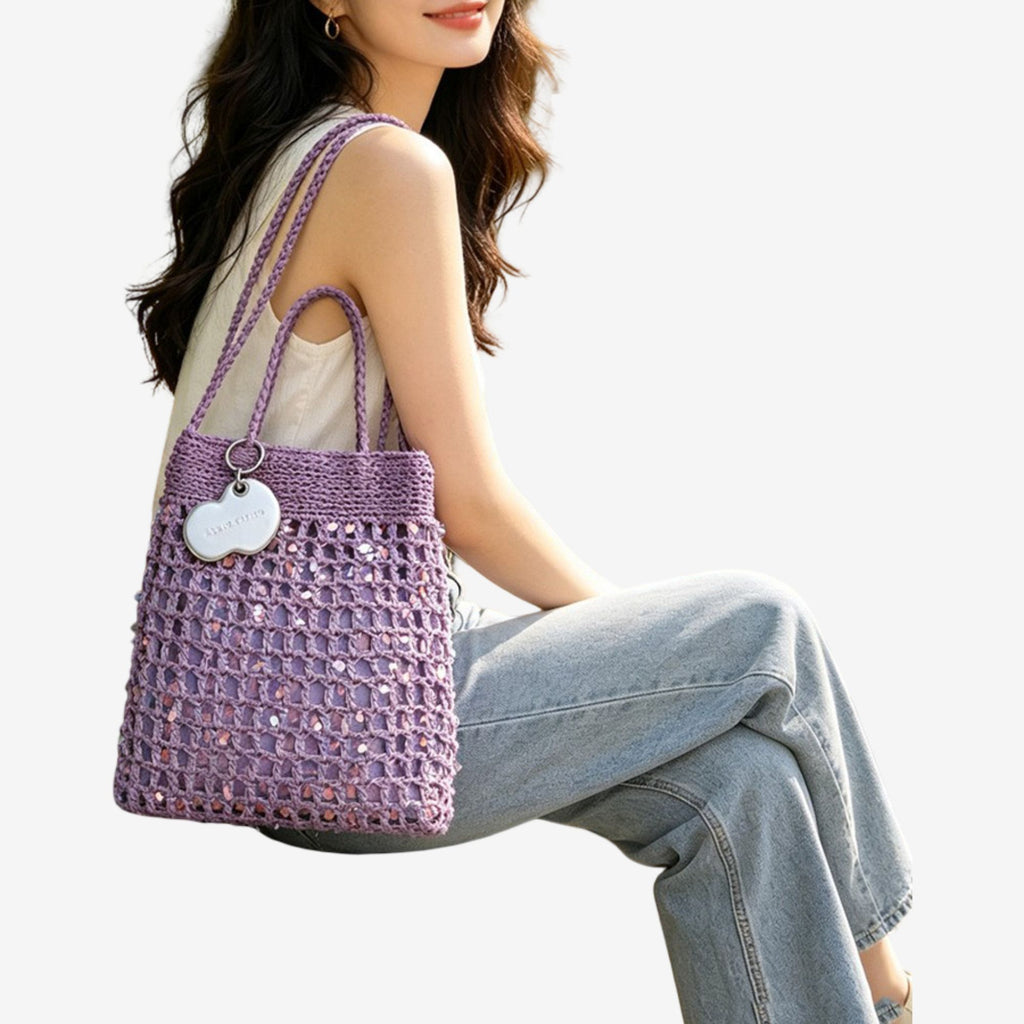 Hand-Crocheted Sequin Crossbody Bag Small Square Shoulder Bag for Phone and Essentials