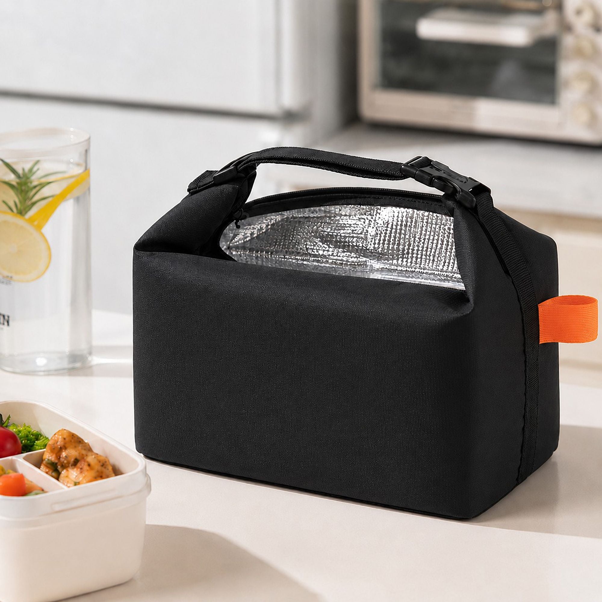 Insulated Roll Top Lunch Bag with Buckle Handle and Leak-Resistant Lining