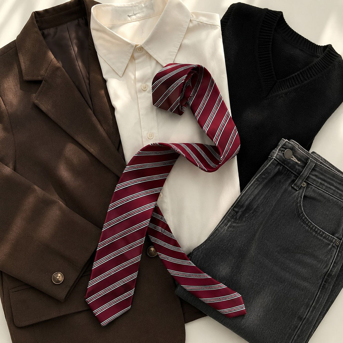Striped Long Necktie for School Uniform and Waist Belt Styling