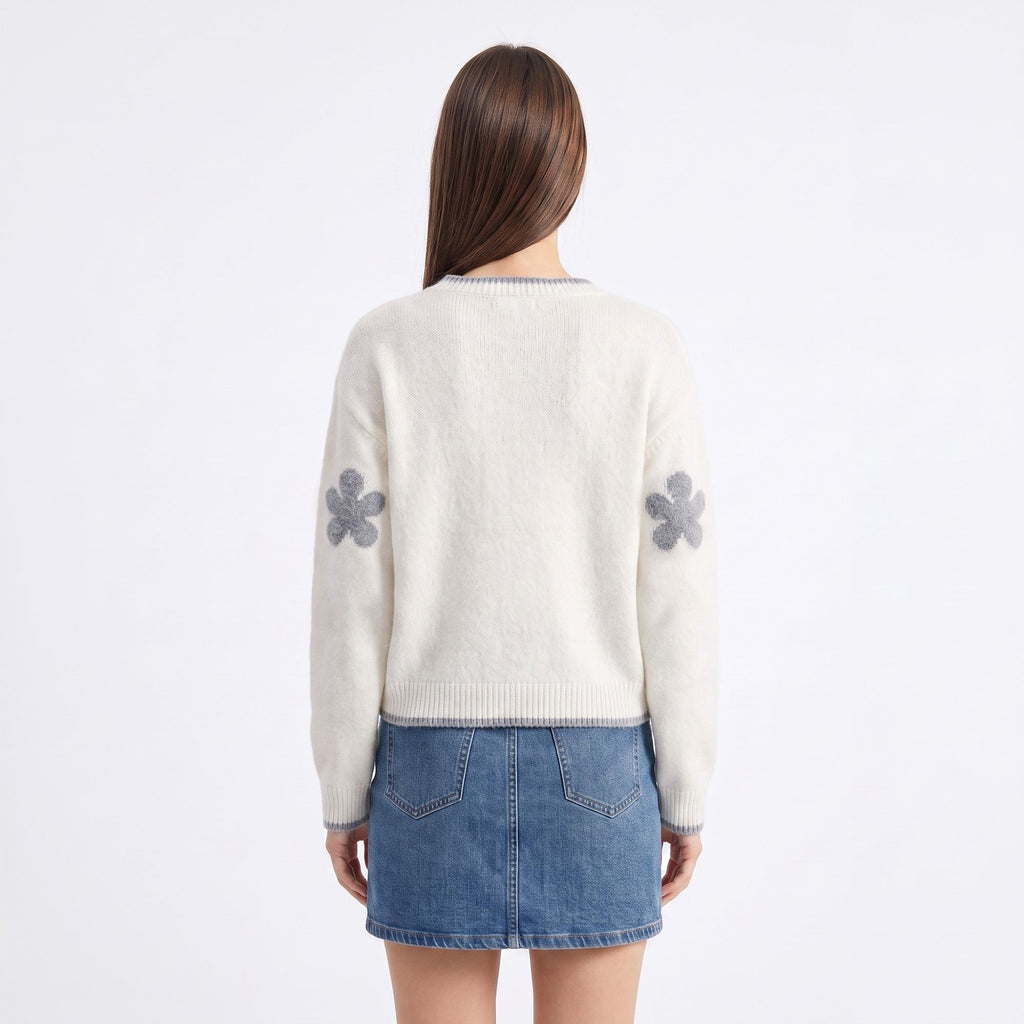 3D Floral Pearl Button Fuzzy Knit Cardigan Sweater