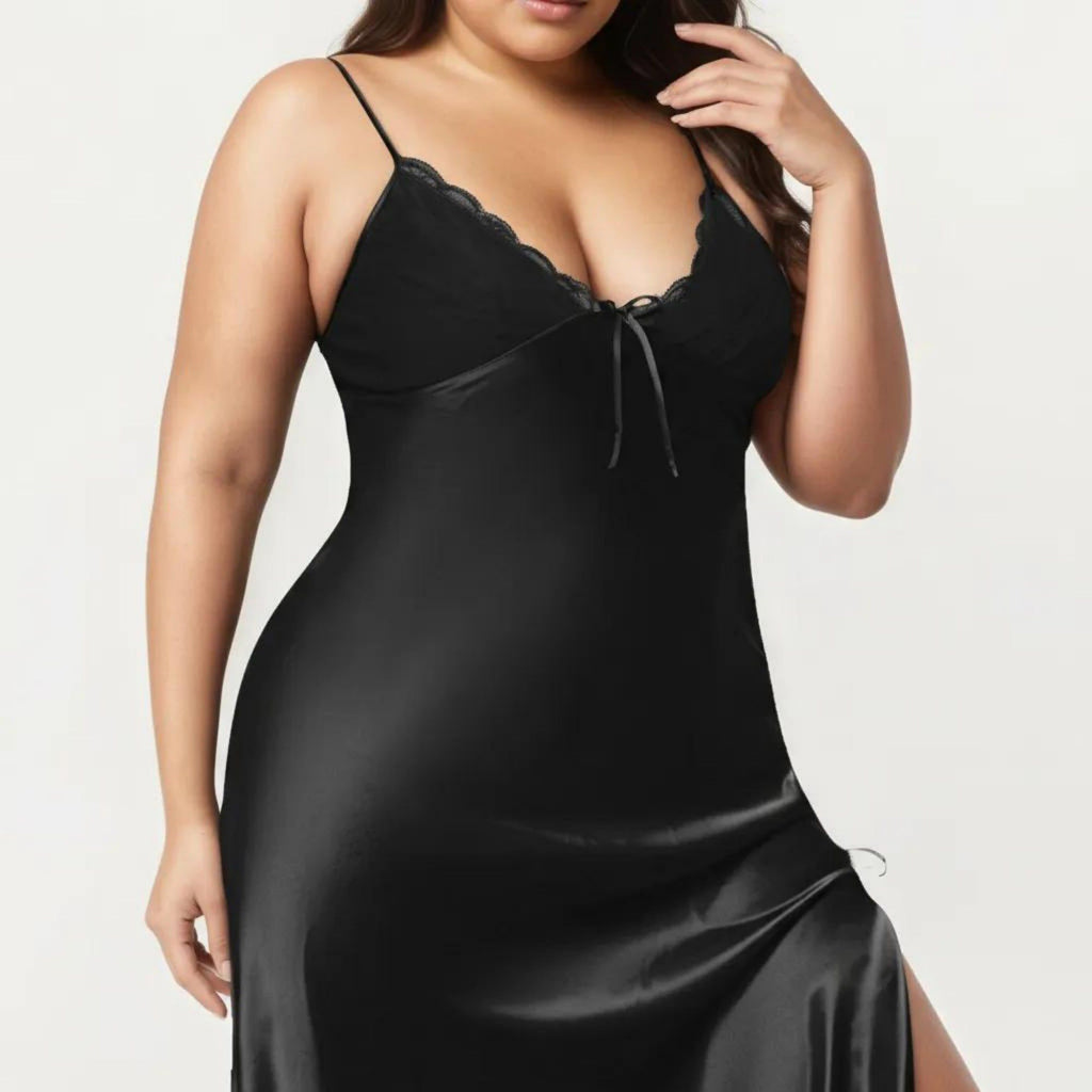 Anna-Kaci Lounge Women's Plus Size Satin Chemise Nightgown with Lace Trim Neckline Adjustable Straps Side Slit Slip Dress