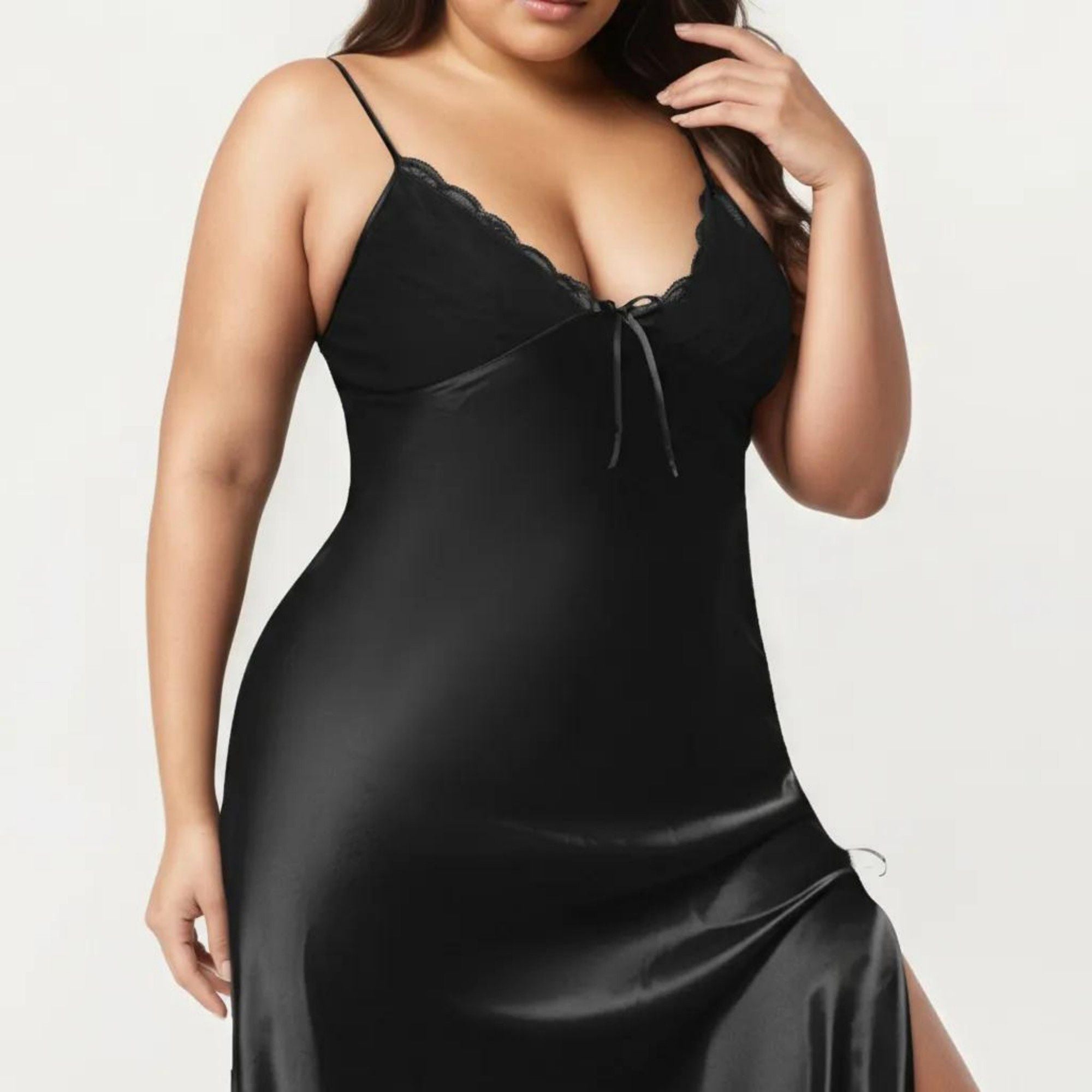 Anna-Kaci Lounge Women's Plus Size Satin Chemise Nightgown with Lace Trim Neckline Adjustable Straps Side Slit Slip Dress