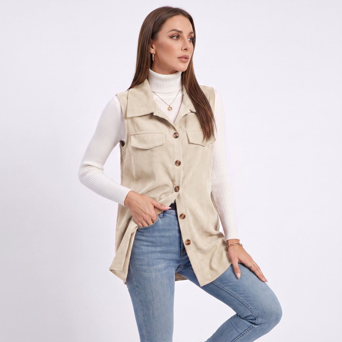 Button Front Corduroy Vest with Flap Pockets
