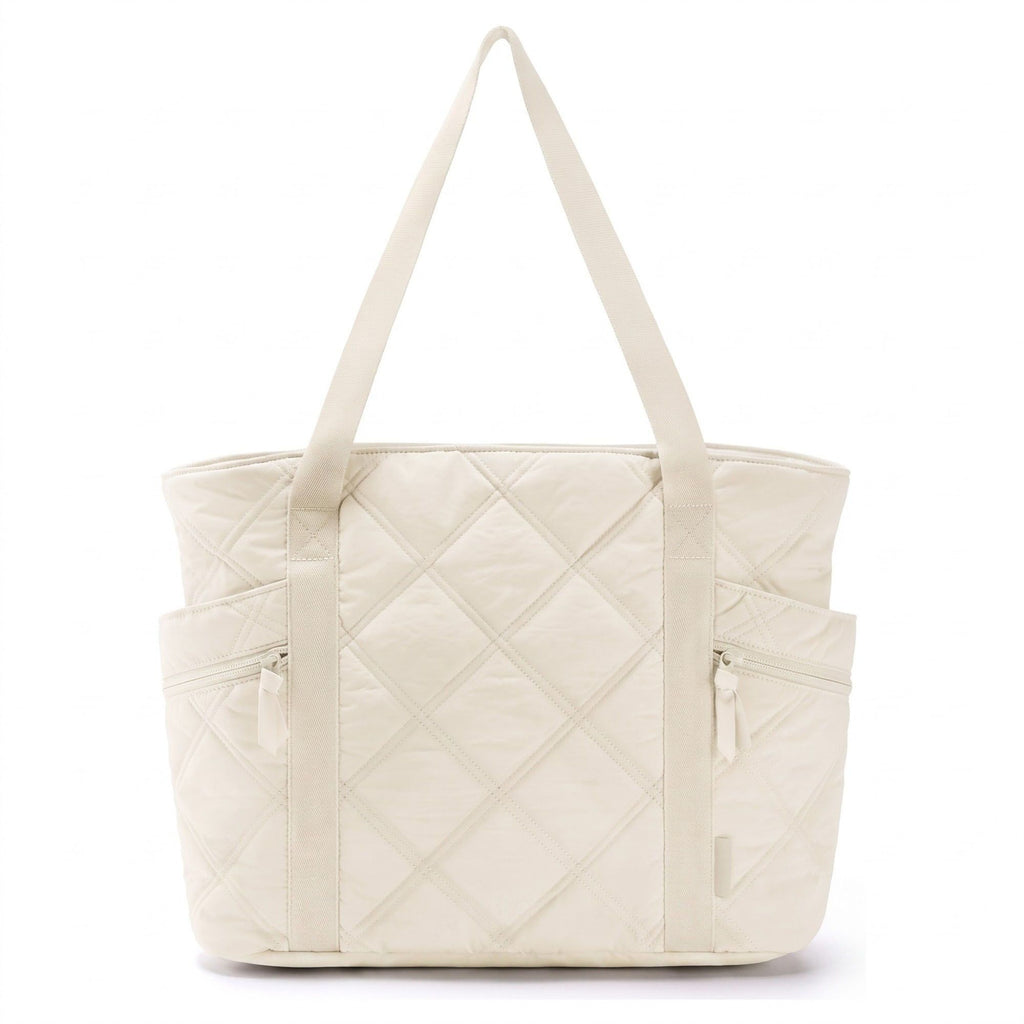Oversized Quilted Tote Bag with Exterior Zip Pockets and Long Shoulder Straps 15.5x12.5x6.5in