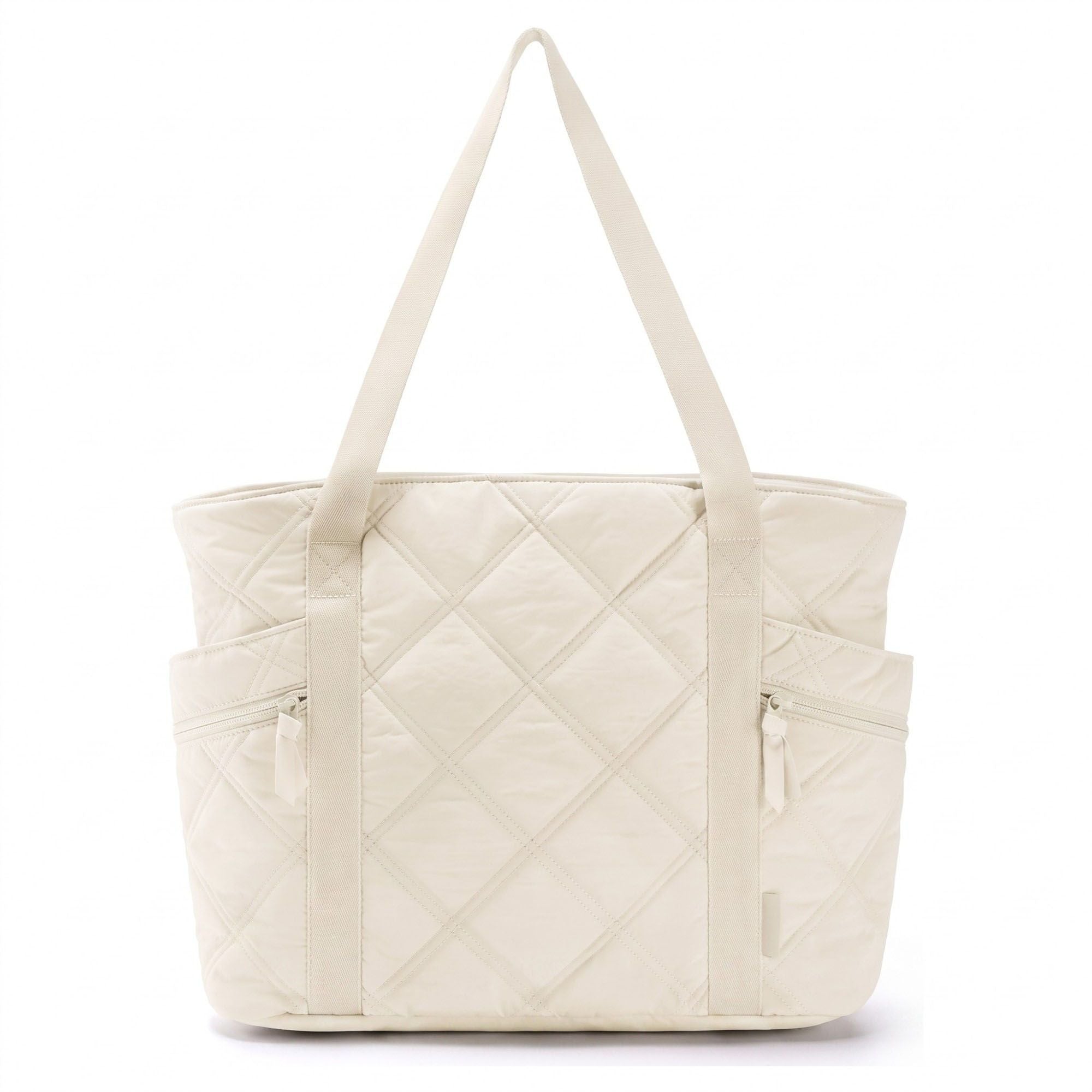 Oversized Quilted Tote Bag with Exterior Zip Pockets and Long Shoulder Straps 15.5x12.5x6.5in