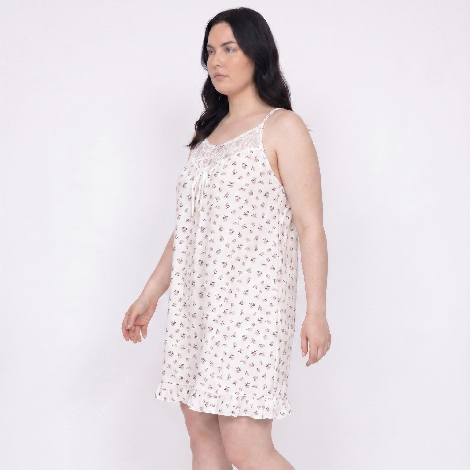 Floral Lace Yoke Mini Nightgown Spaghetti Strap Tie Front Ruffle Hem Sleep Dress