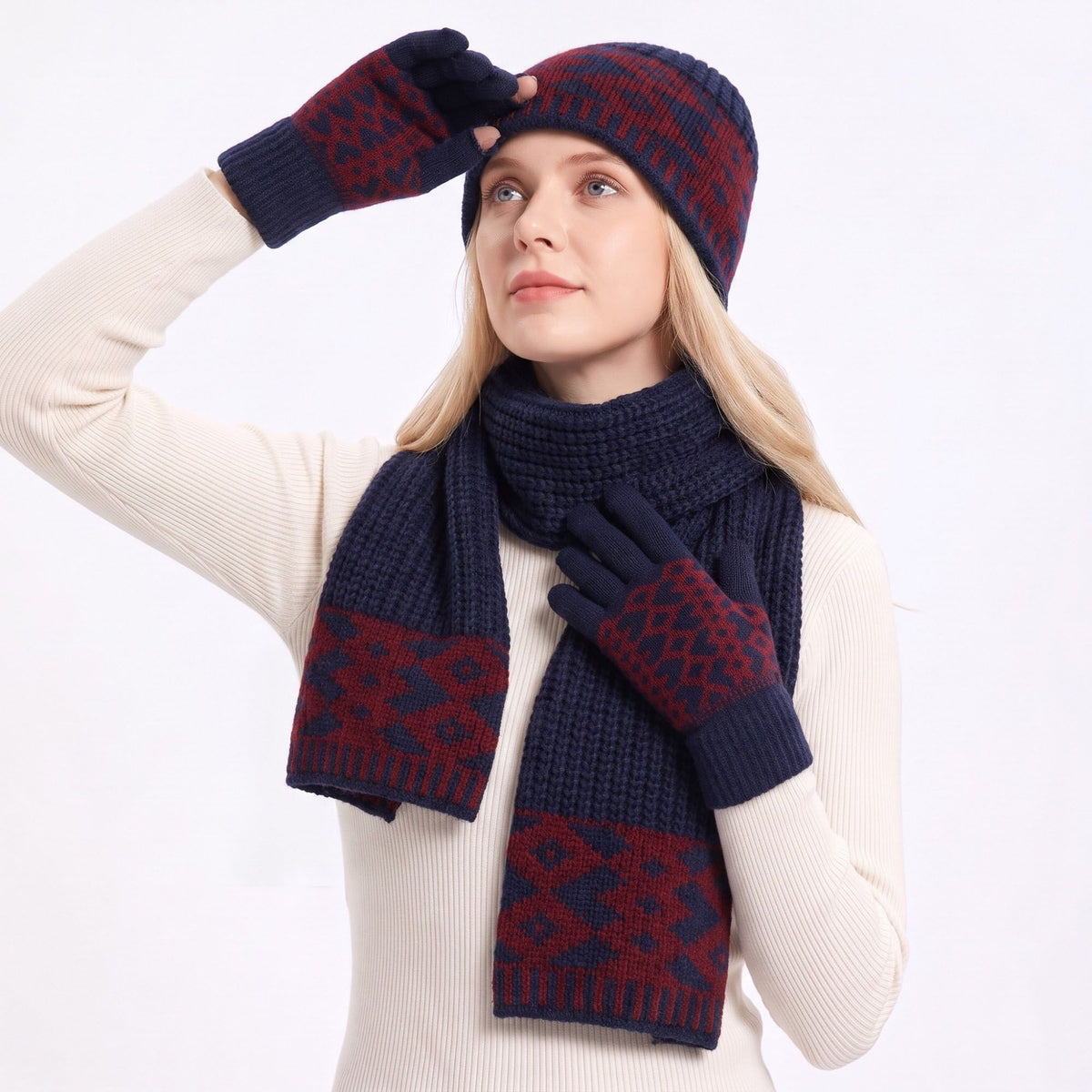 3 Piece Knit Winter Hat Scarf and Gloves Set with Geometric Pattern