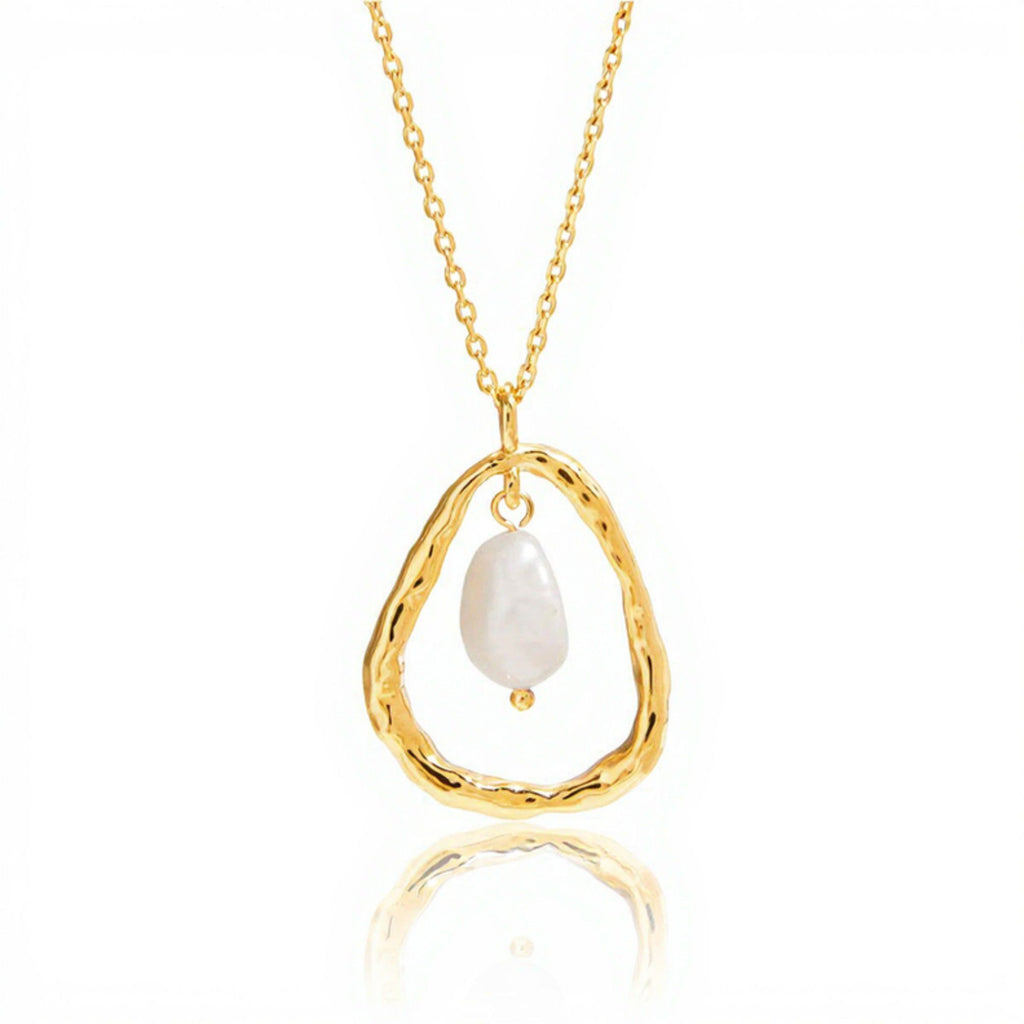 Textured Open Teardrop Pendant Necklace with Organic Hammered Frame and Dainty Suspended Faux Pearl Accent Charm