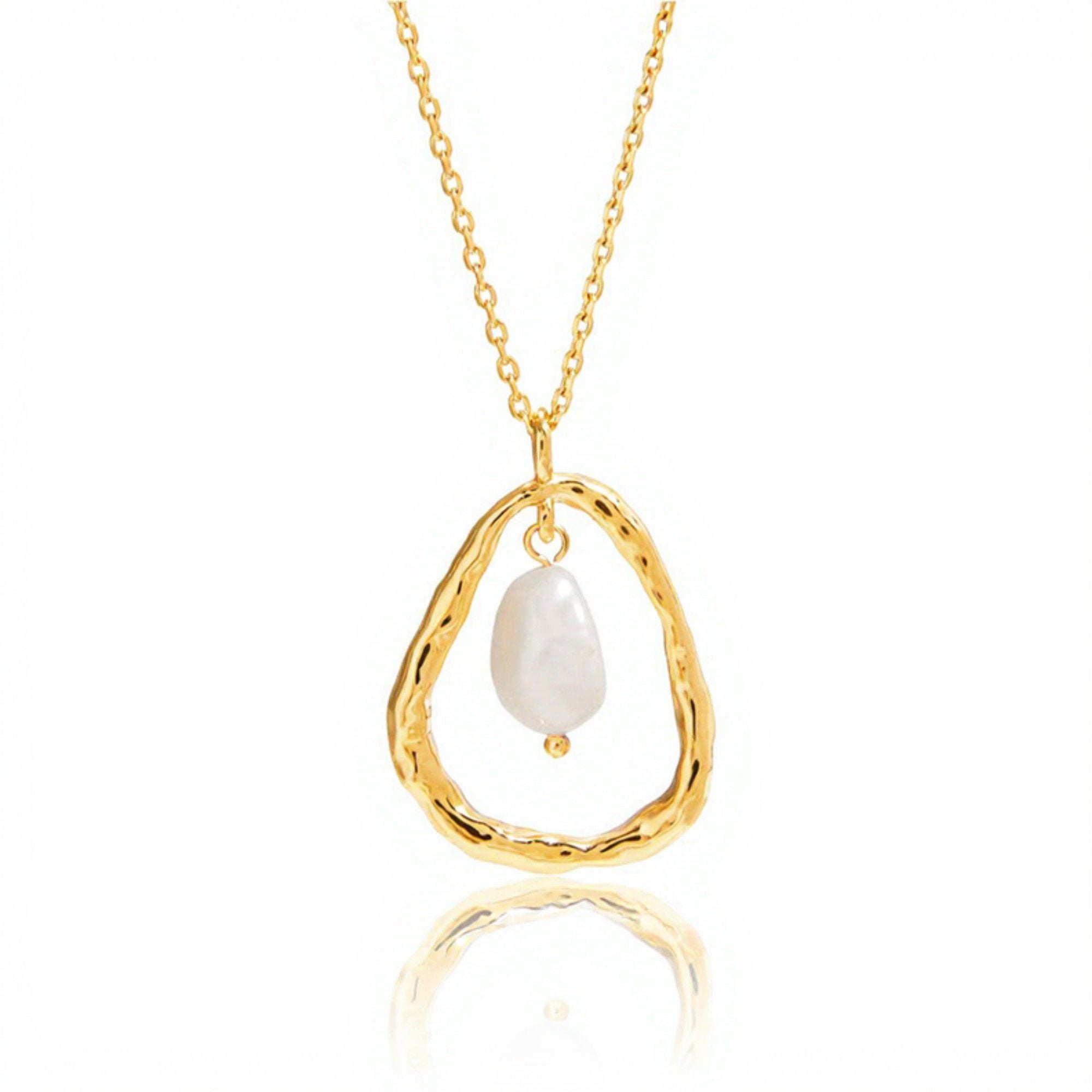 Textured Open Teardrop Pendant Necklace with Organic Hammered Frame and Dainty Suspended Faux Pearl Accent Charm