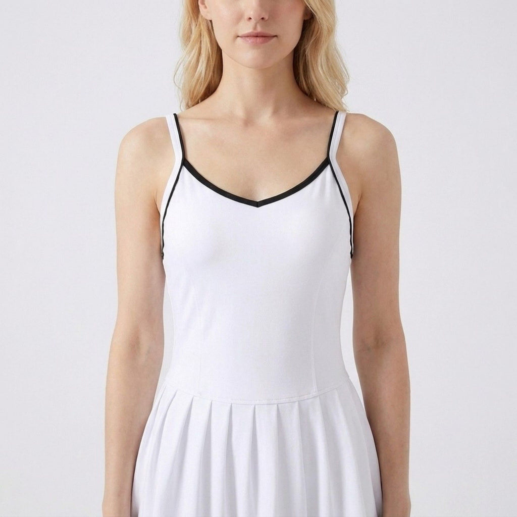 Anna-Kaci Active Womens Contrast Trim Athletic Dress with Crisscross Back Straps Pleated Skirt and Smooth Stretch Knit