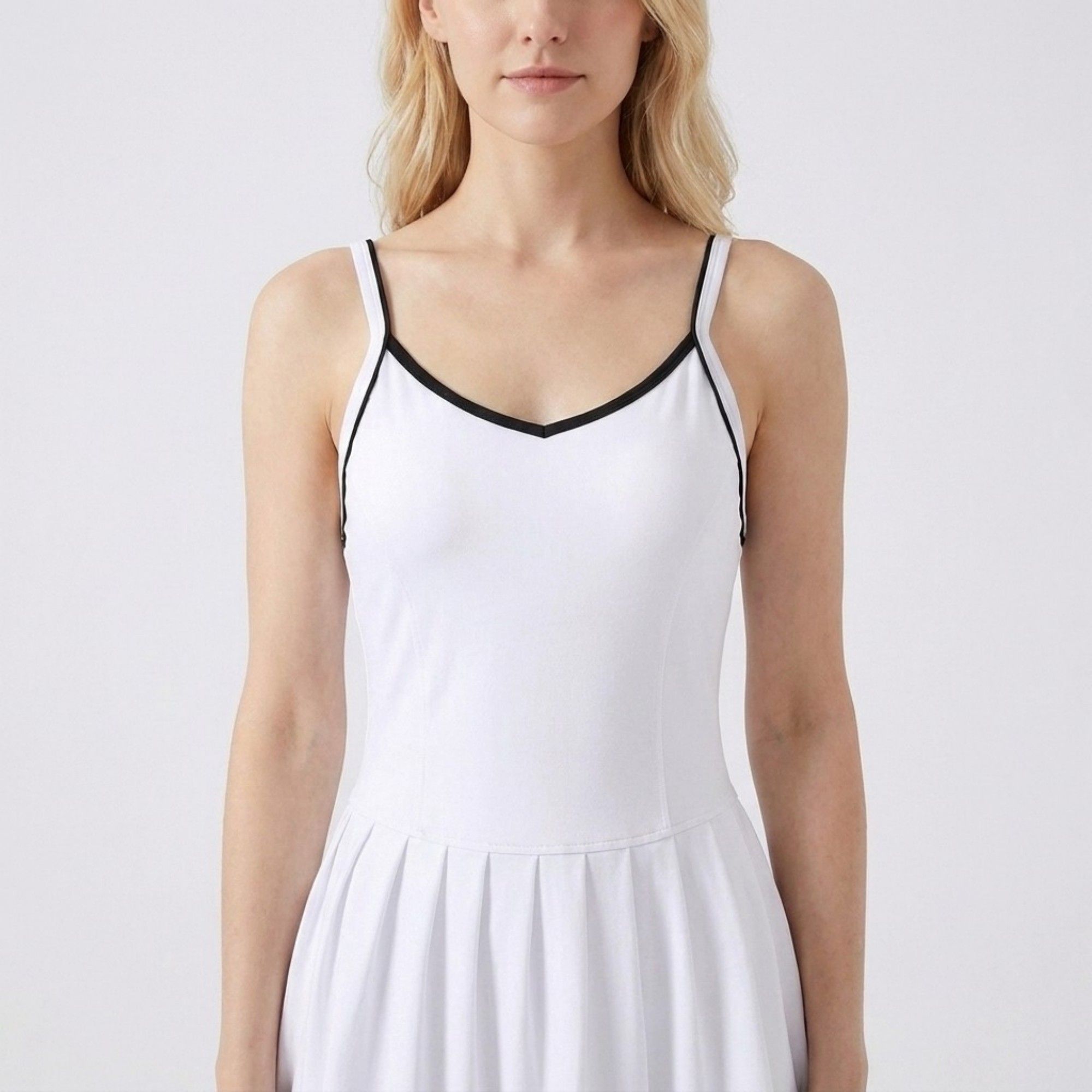 Anna-Kaci Active Womens Contrast Trim Athletic Dress with Crisscross Back Straps Pleated Skirt and Smooth Stretch Knit