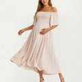 Pink women's maxi dress with short sleeve, off shoulder and flowy