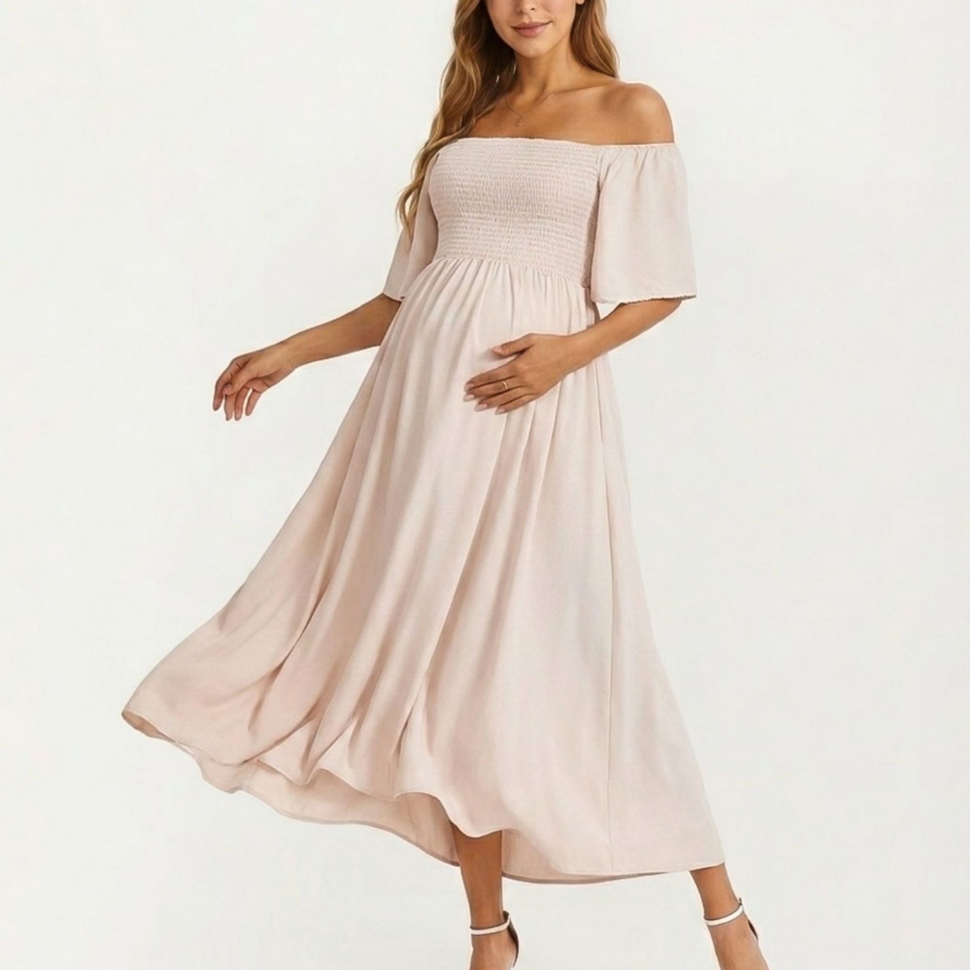 Maternity Off Shoulder Smocked Maxi Dress with Short Sleeves and Flowy Skirt