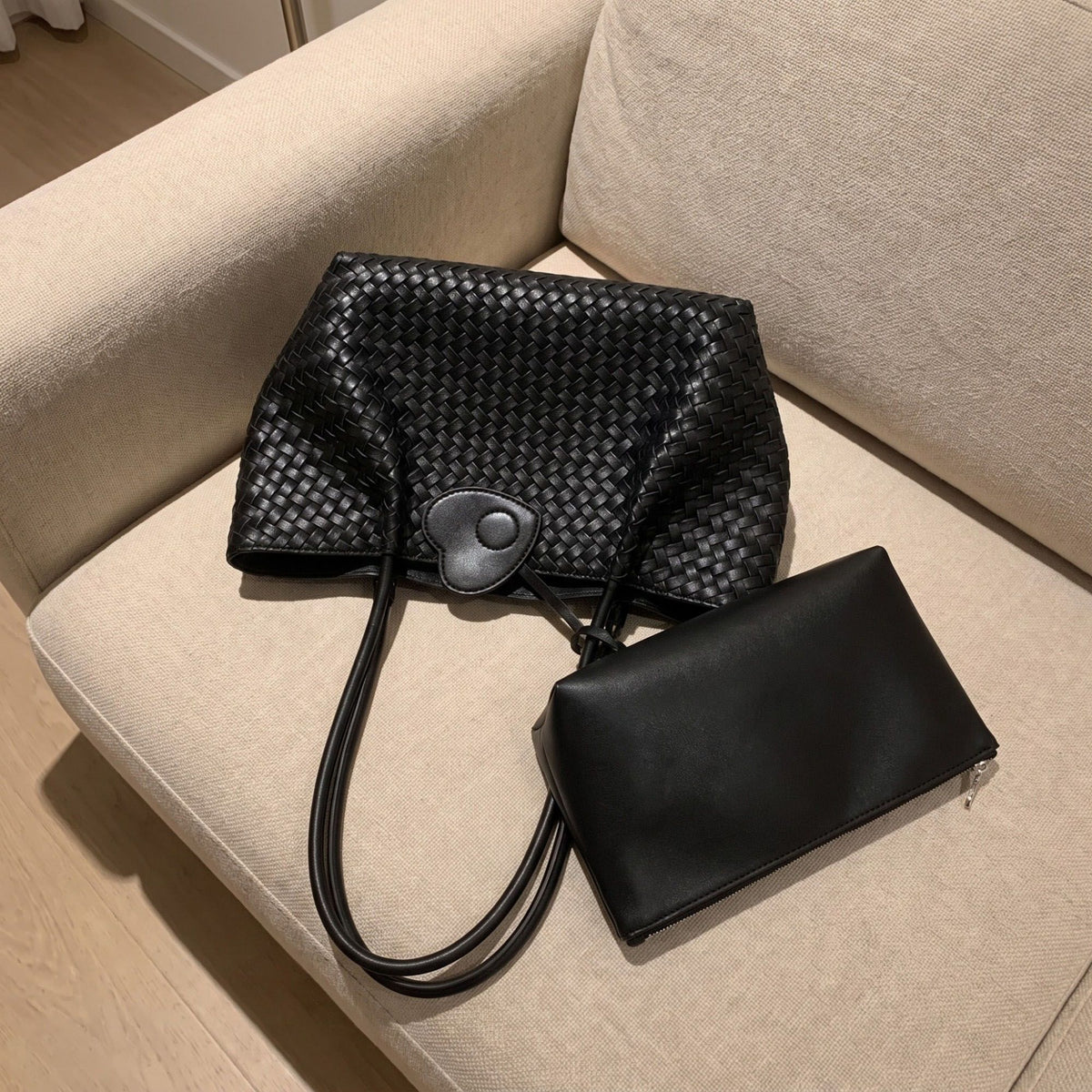 Woven Tote Bag with Heart Charm