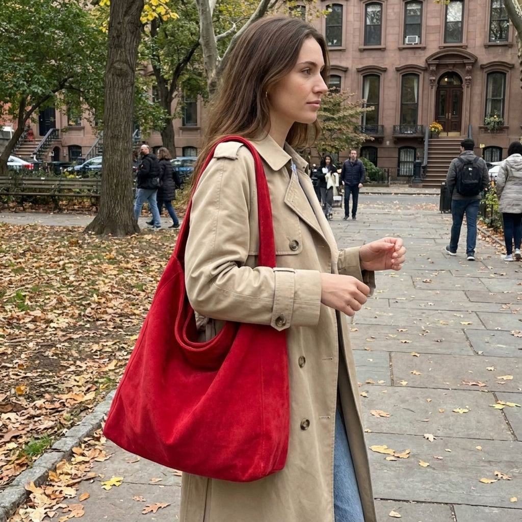 Faux Suede Tote Bag Large Capacity Slouchy Shoulder Bag with Magnetic Closure