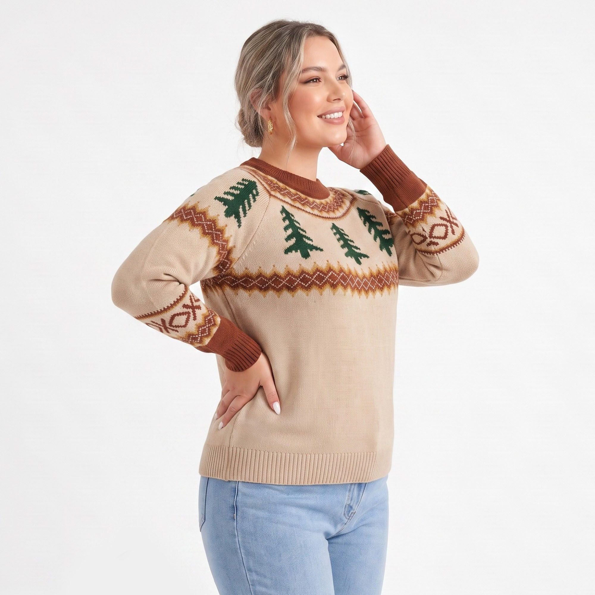 Plus Size Fair Isle Tree Print Crewneck Sweater