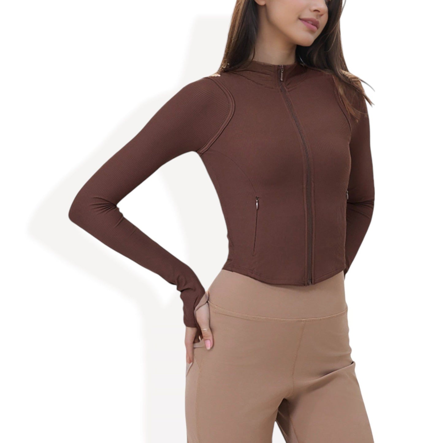 Full-Zip Ribbed Long Sleeve Top with Thumbholes and High Collar