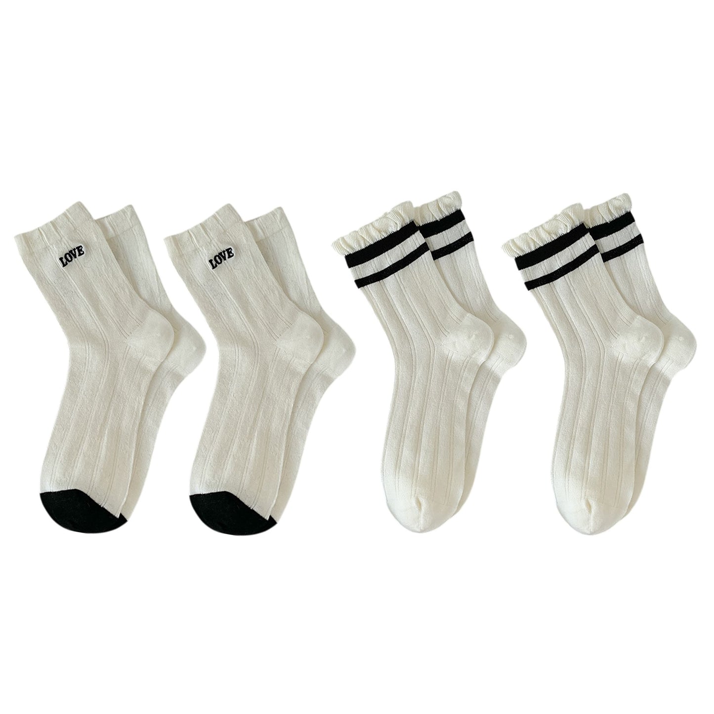 Anna-Kaci 4 Pairs Women's Crew Socks with Black and White Patterns Soft Cotton Texture Heart and Stripe for Flats and Dress Shoes