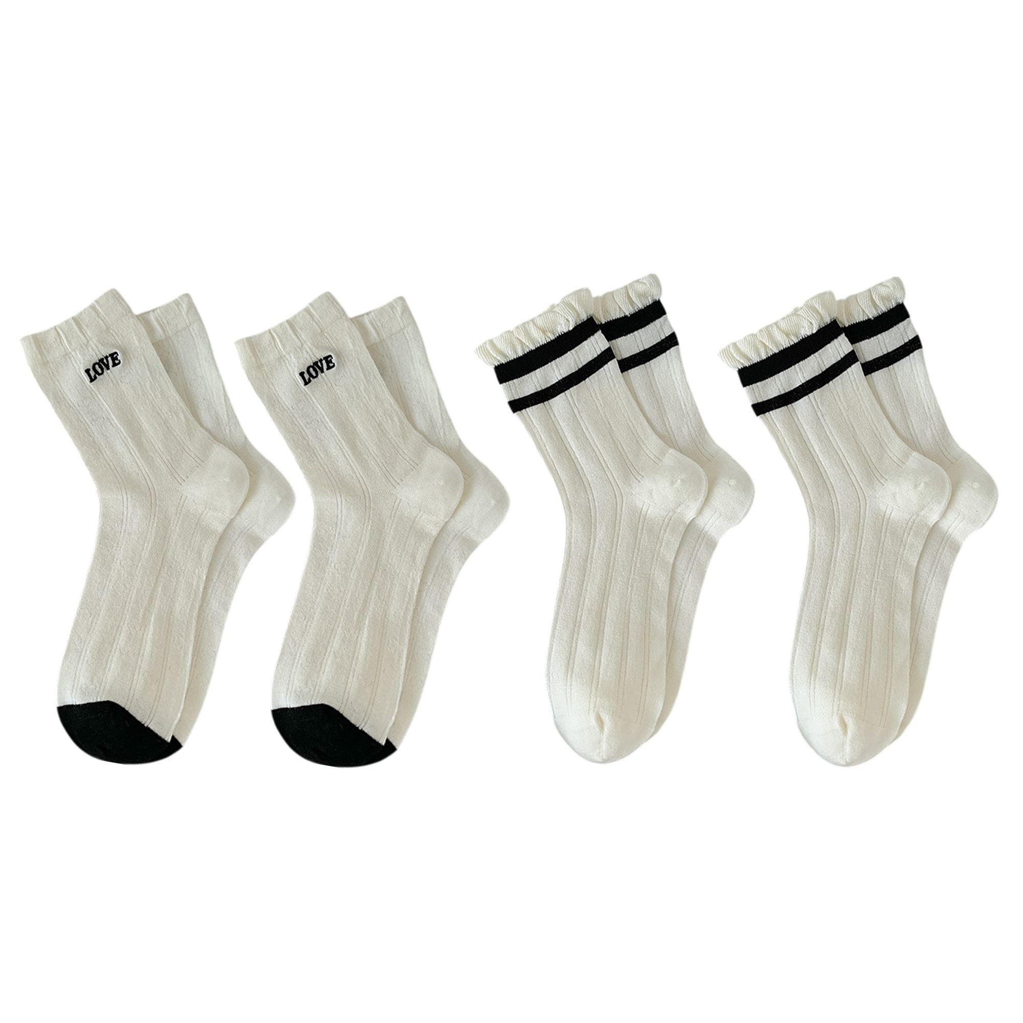 Anna-Kaci 4 Pairs Women's Crew Socks with Black and White Patterns Soft Cotton Texture Heart and Stripe for Flats and Dress Shoes