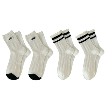 Anna-Kaci 4 Pairs Women's Crew Socks with Black and White Patterns Soft Cotton Texture Heart and Stripe for Flats and Dress Shoes